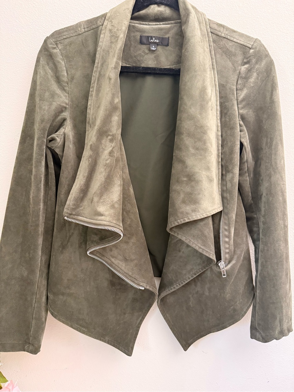 Lulus Olive Suede Drape Front Jacket